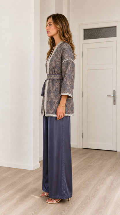 Side profile view of Slate Grey jacquard belted kimono cardigan showing silhouette and sleeve drape