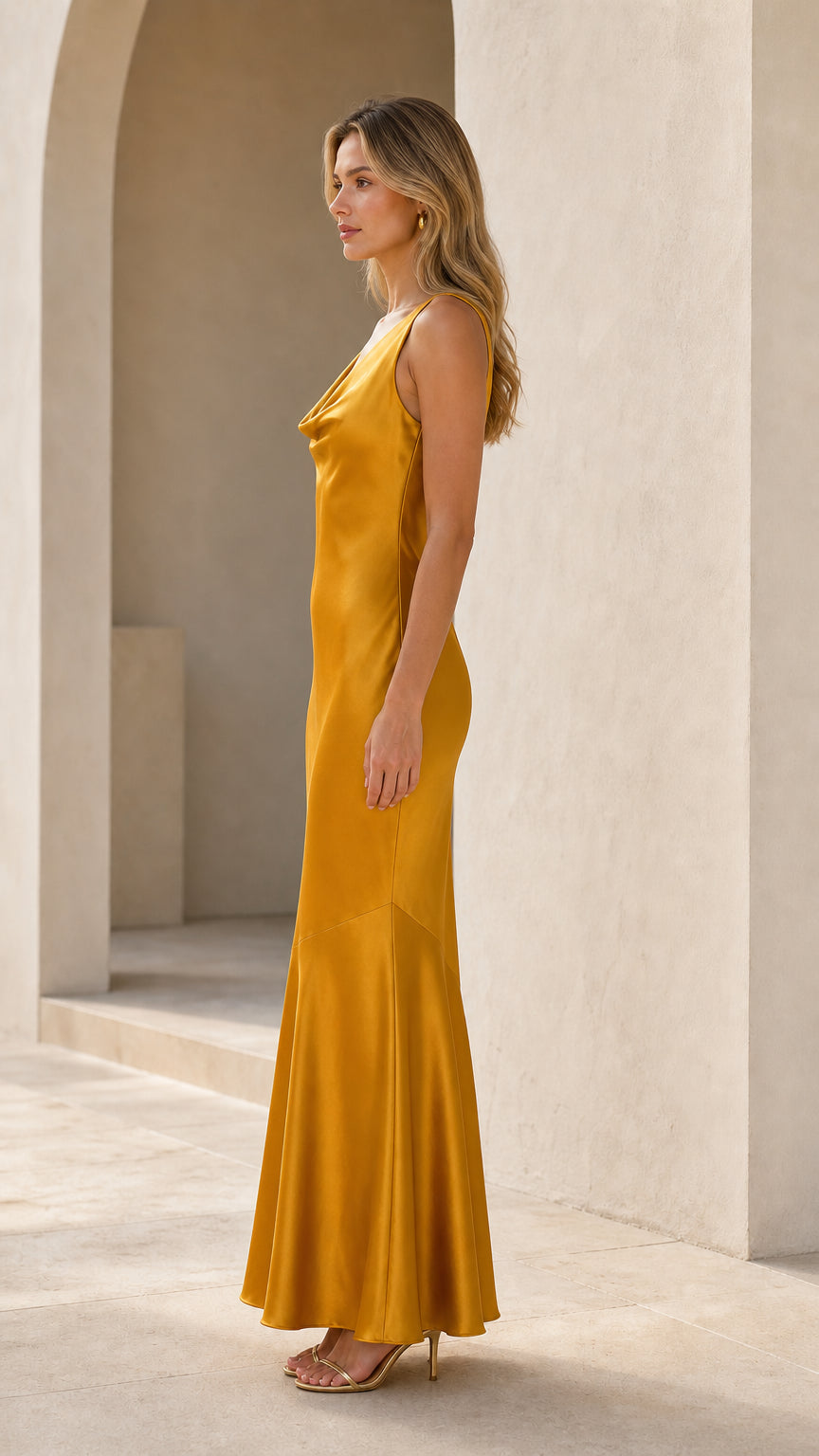 Side profile of woman in gold satin mermaid dress