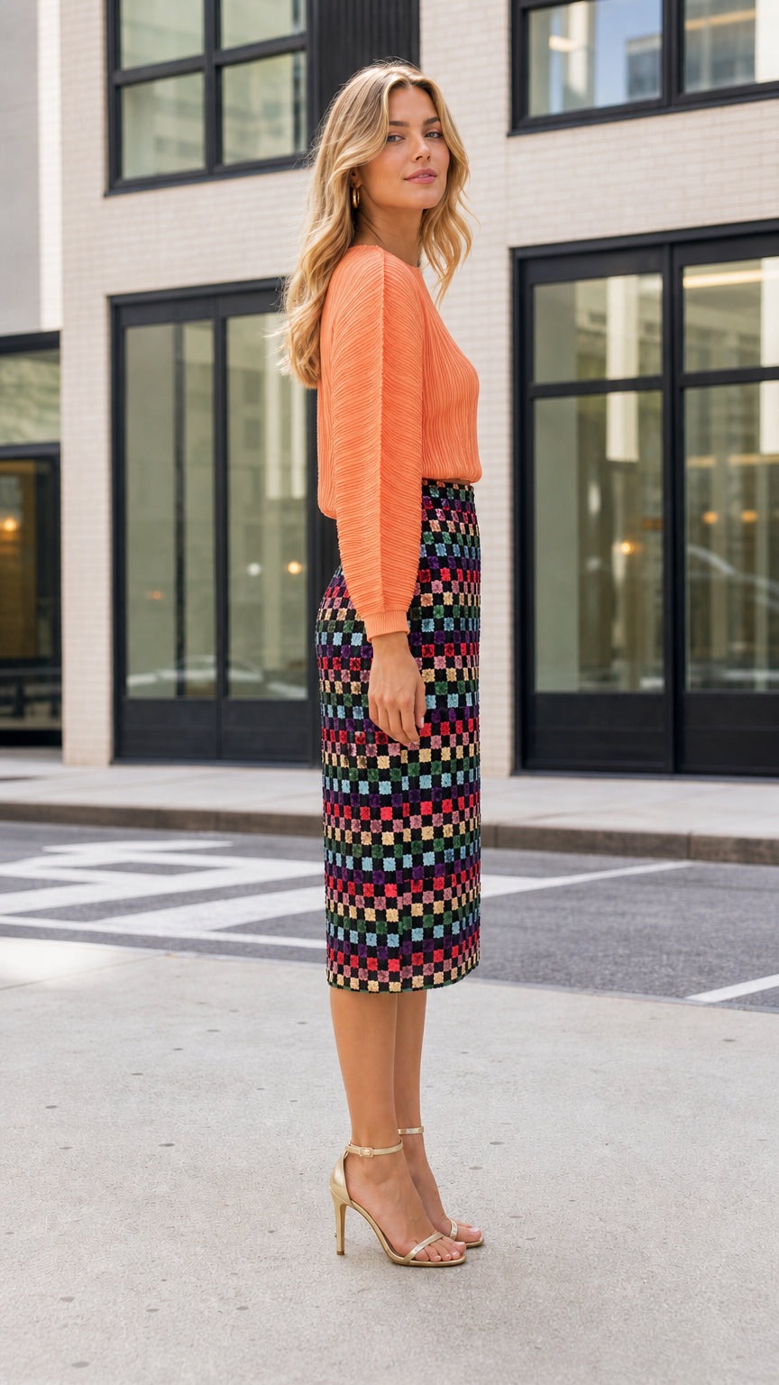Side profile view of orange color variant midi dress