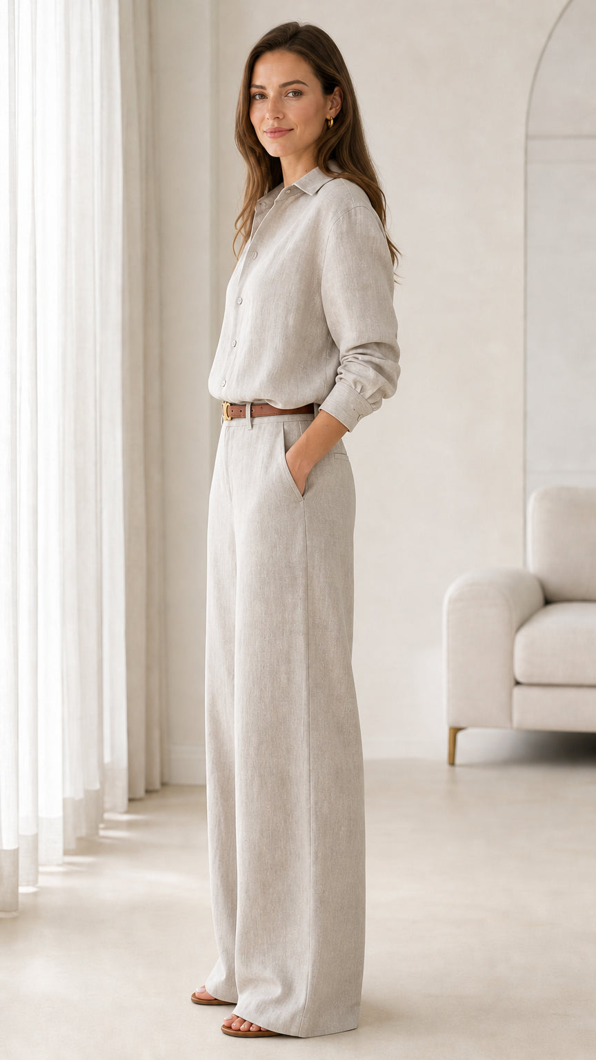 Side view of beige two-piece matching collared shirt and wide-leg pants