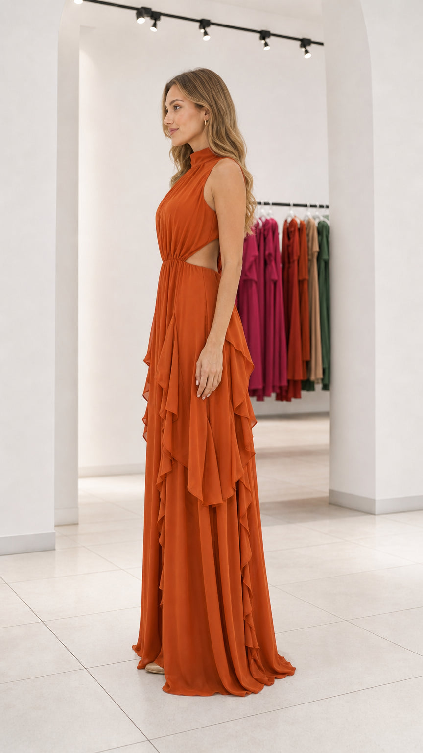 Side profile view of rust orange evening gown