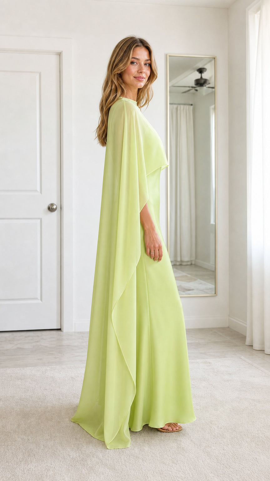 Side angle view of Lime Green floor-length capelet evening gown