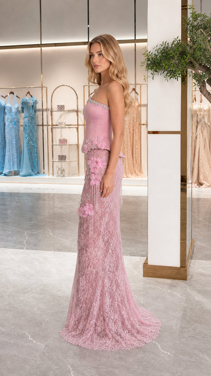 Side view of dusty pink strapless lace trumpet formal gown