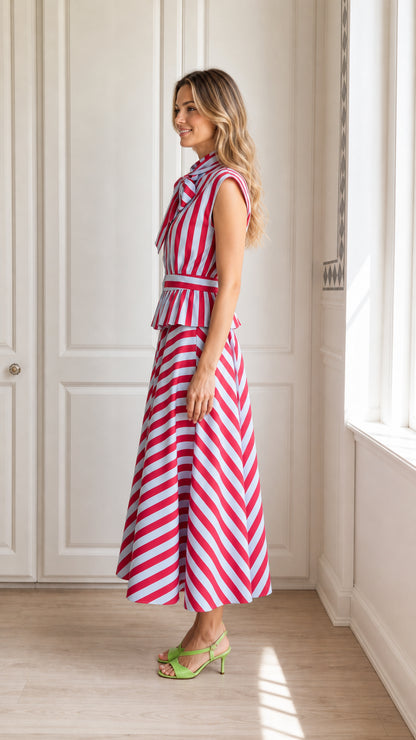 Side view of model in red striped midi dress
