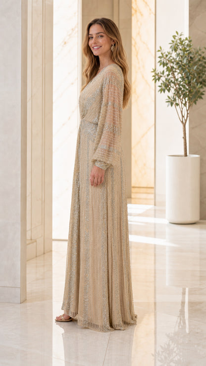 Side profile view of Champagne Gold long sleeve sequin formal dress