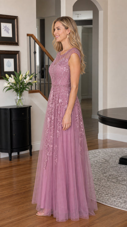 Woman wearing mauve evening gown side profile view