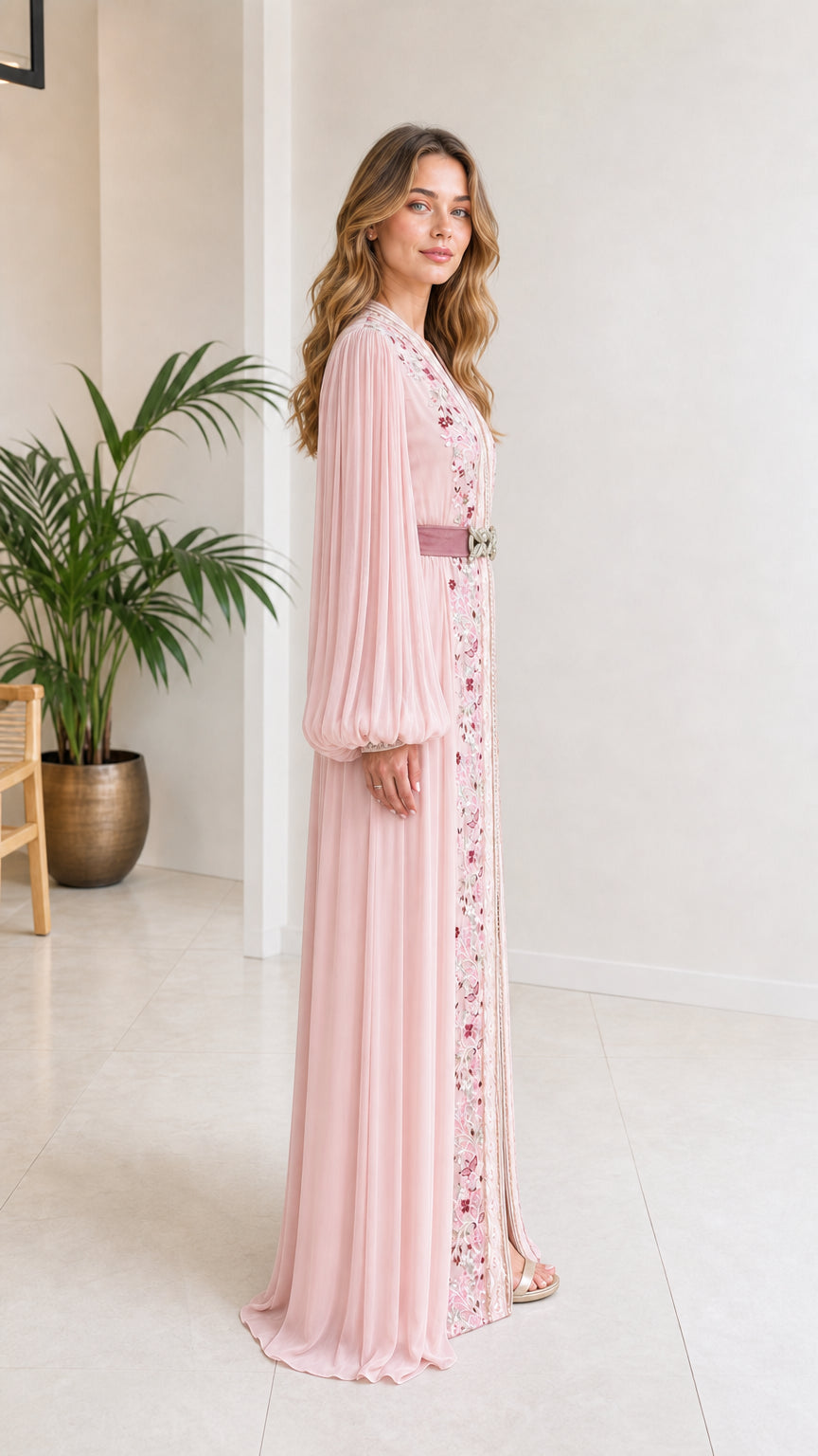Side profile view of blush pink pleated kaftan dress with balloon sleeves