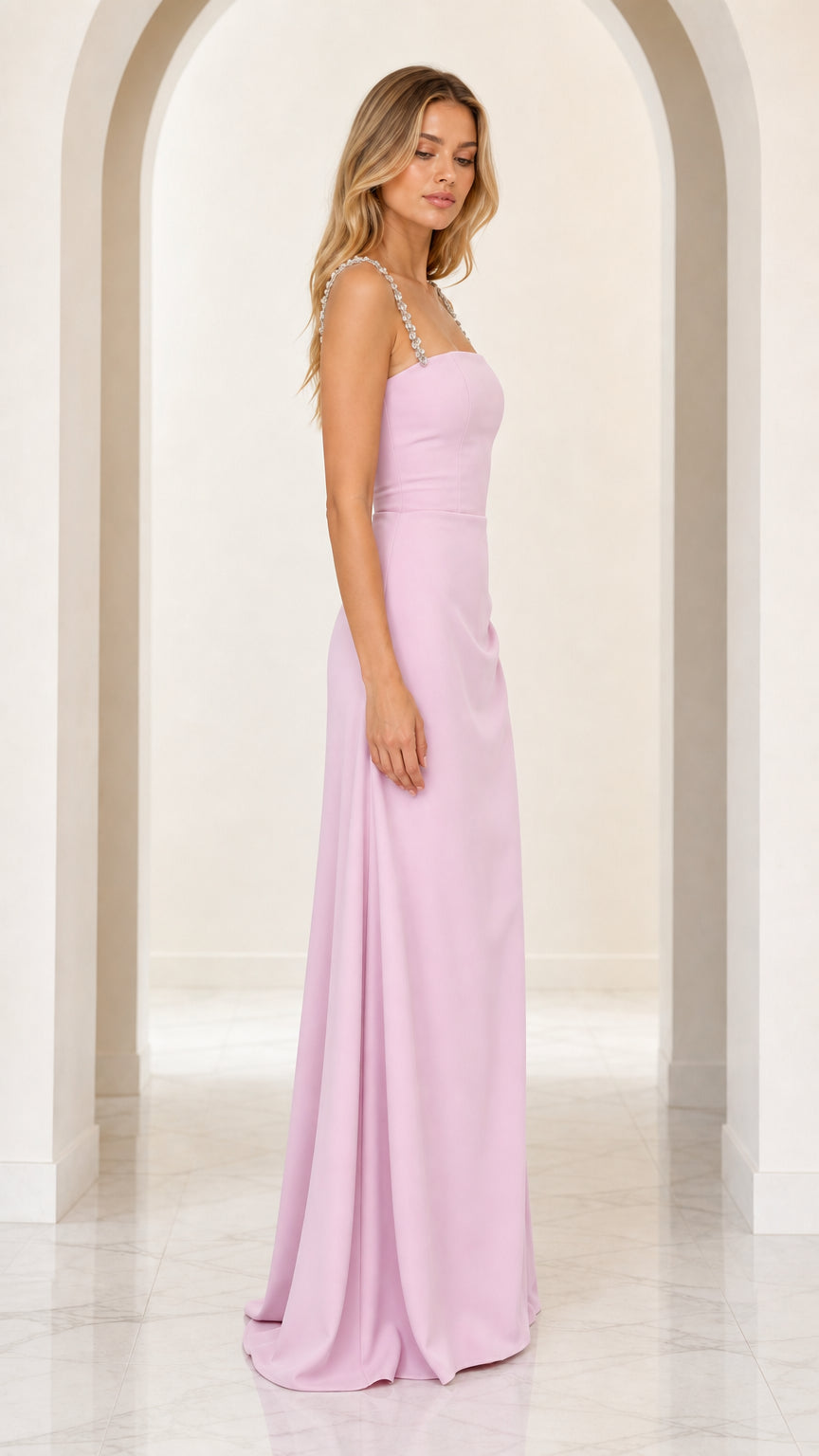 Side profile of lavender formal maxi dress showing subtle drape and fit