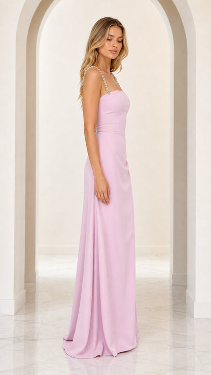 Side profile of lavender formal maxi dress showing subtle drape and fit