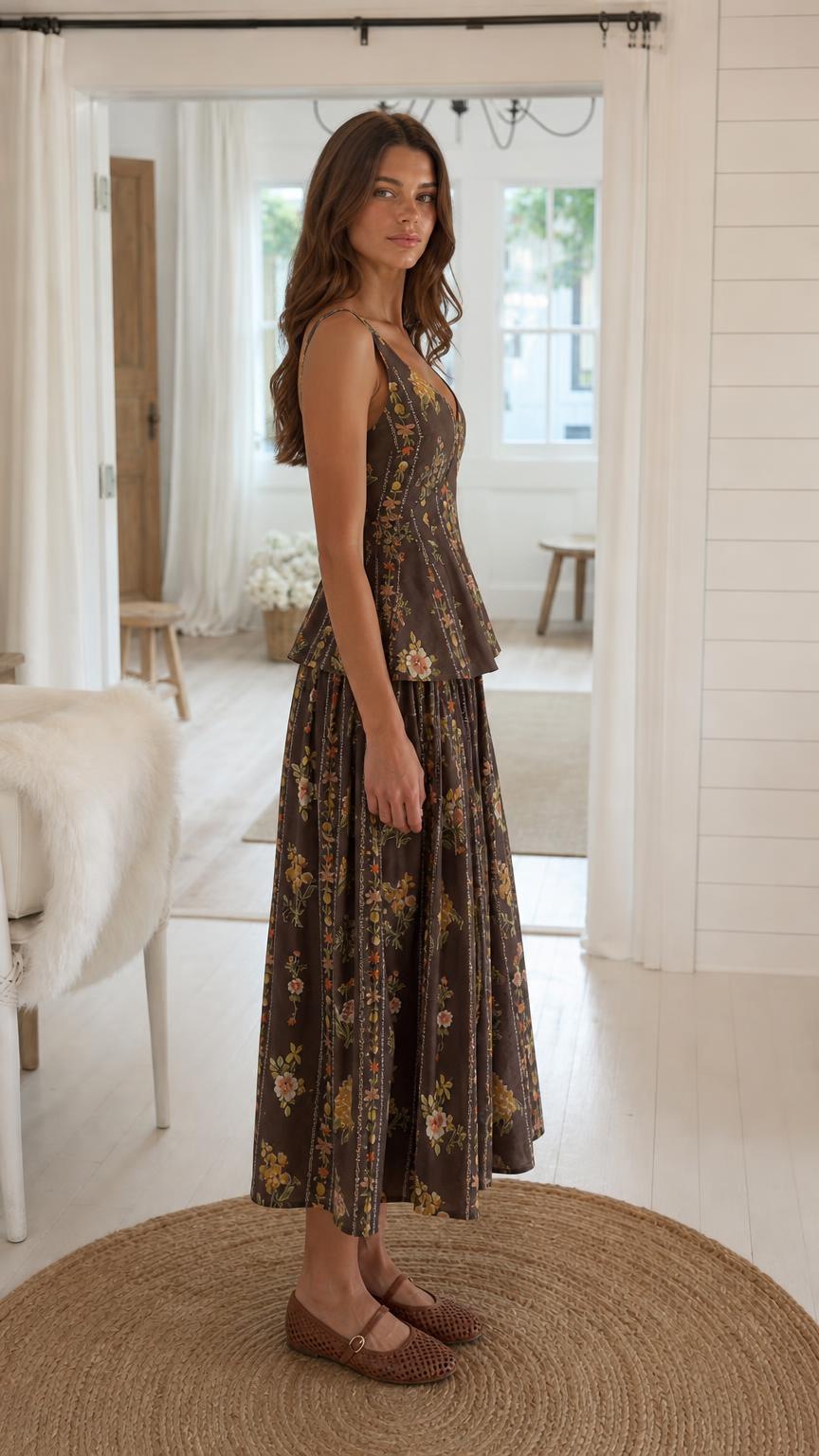 Side profile of model in brown floral two-piece set with woven flats