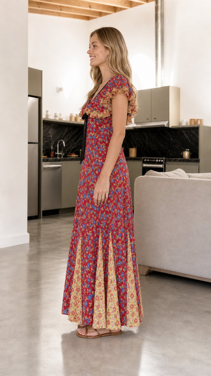 Side profile view of woman modeling red floral flared maxi dress