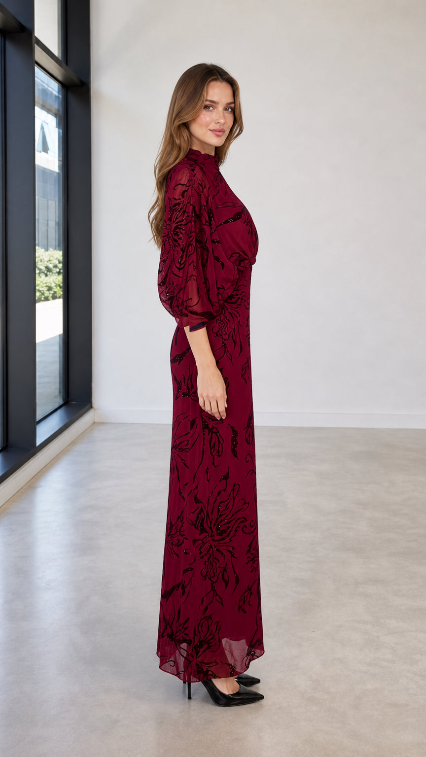 Side profile view of Burgundy maxi dress