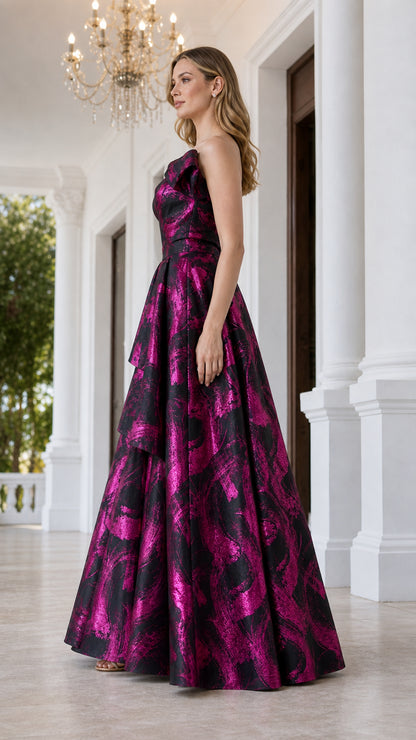 Side profile of fuchsia one-shoulder evening dress