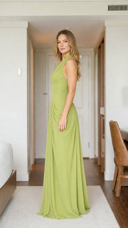 Side view of green halter evening dress