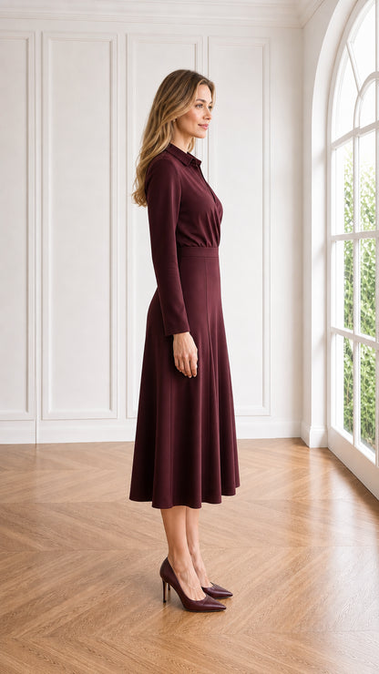 Side profile view of burgundy long sleeve A-line midi dress with lapel collar