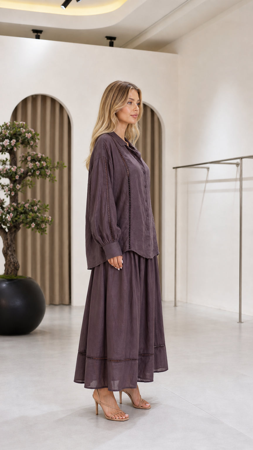 Side view of the mauve long sleeve blouse and maxi skirt set