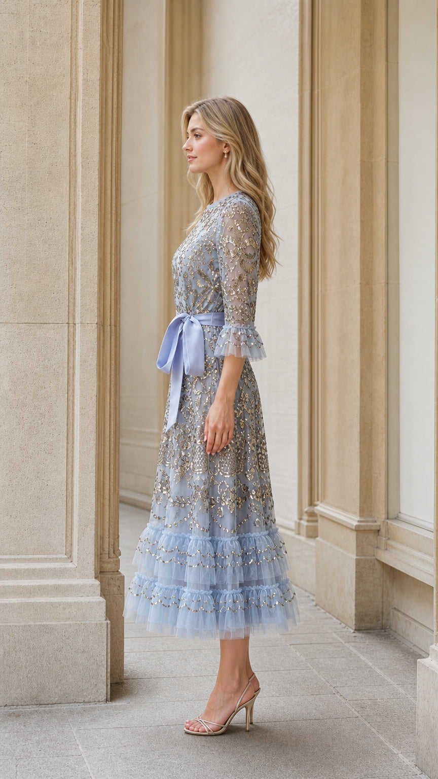 Side view of light blue sequin embroidered tulle midi dress