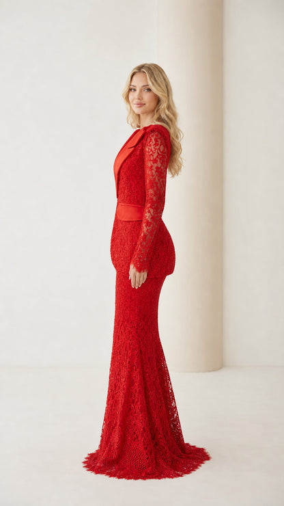 Side profile of the red lace evening dress showing mermaid silhouette