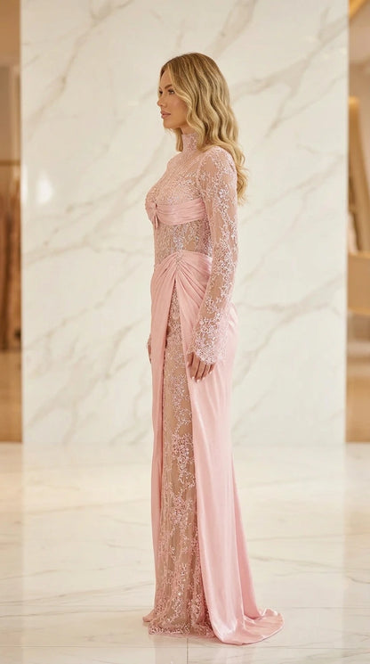 Model wearing pink evening gown, side profile view