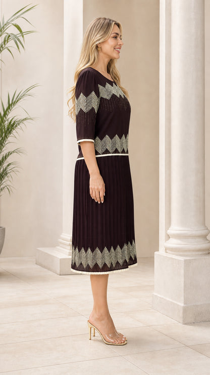 Chocolate brown geometric midi dress shown from the side