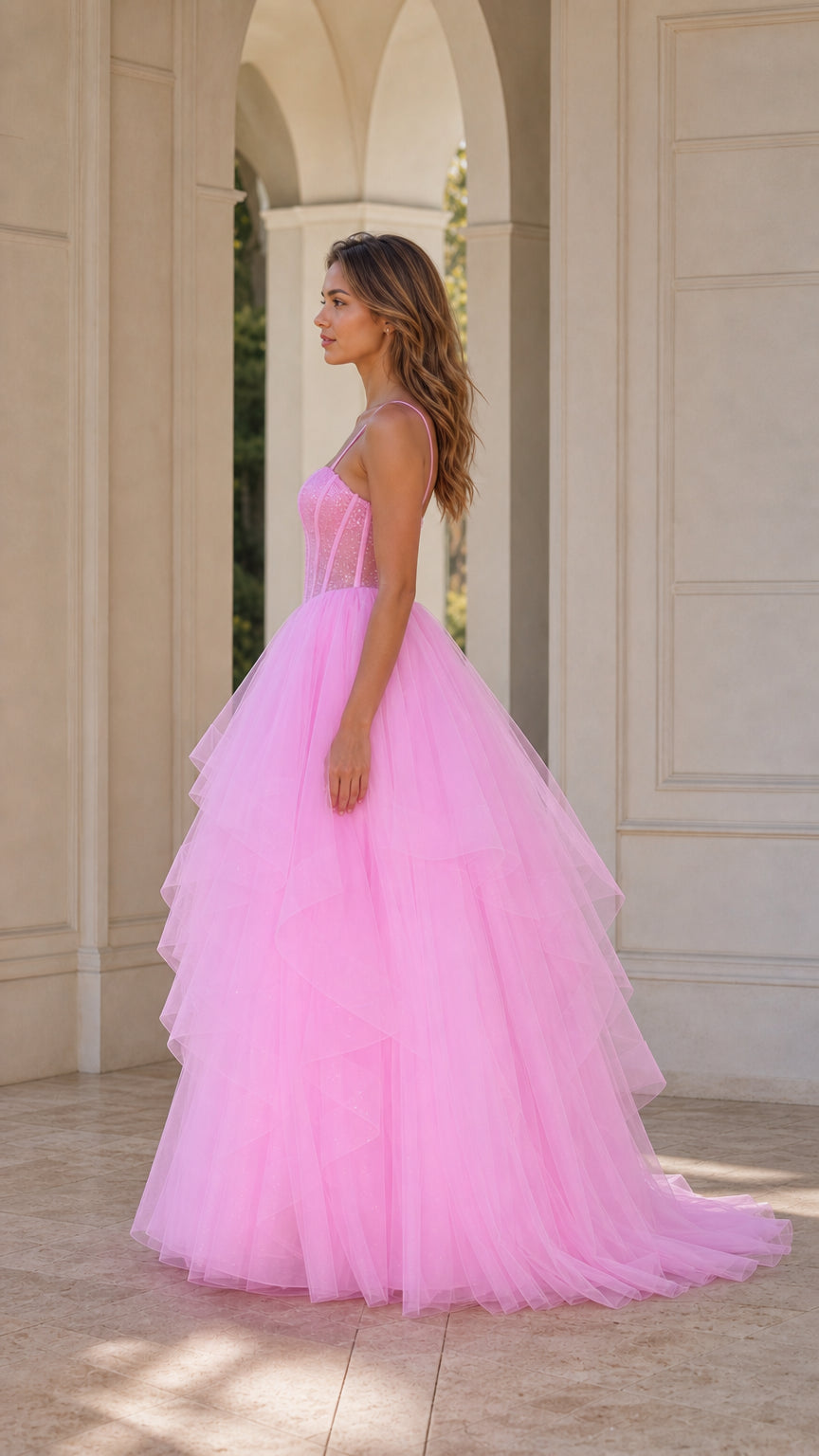 Pink ball gown side profile view