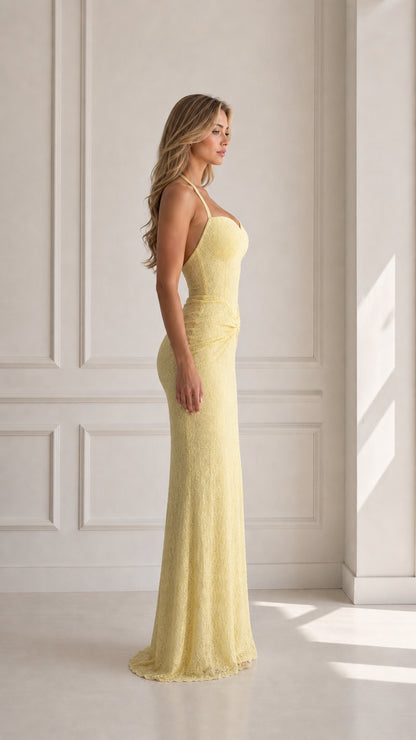 Butter Yellow halter formal dress side profile view