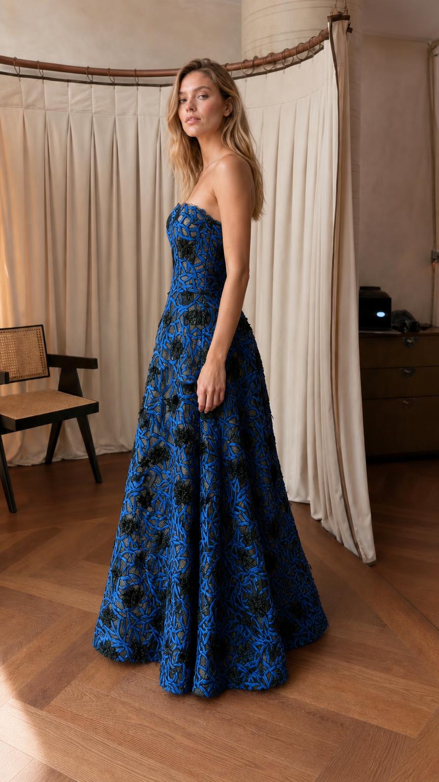 Side profile view of royal blue floral evening gown