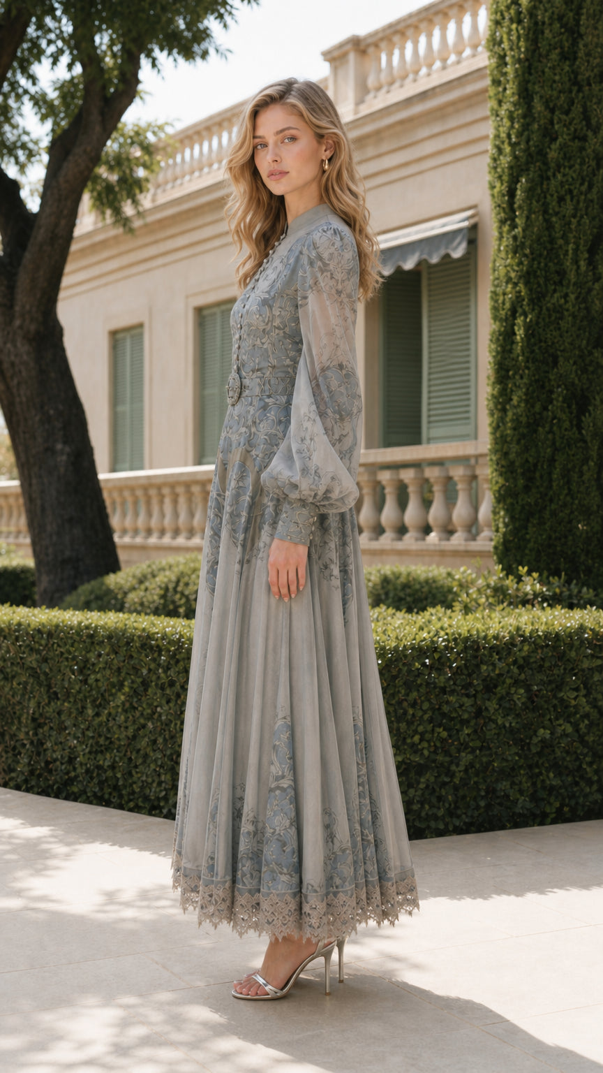 Side profile view of sage green maxi dress