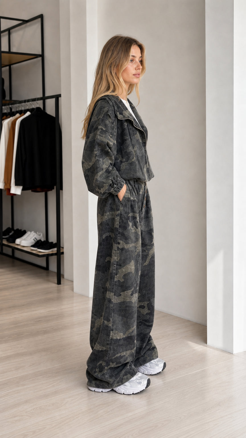 Side view showing the relaxed silhouette of the charcoal camouflage two-piece set