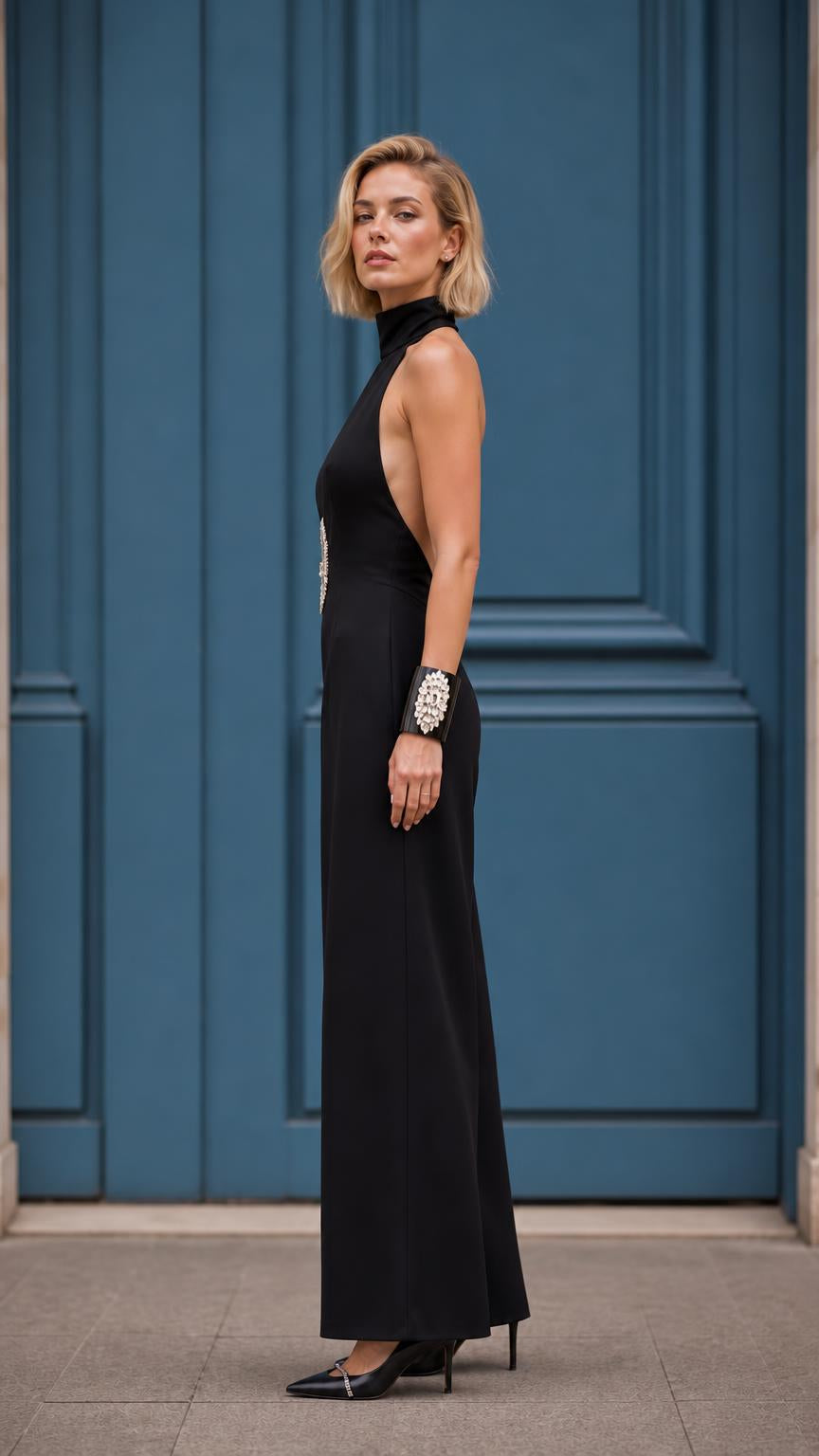 Side profile view of black wide-leg jumpsuit showing open back design