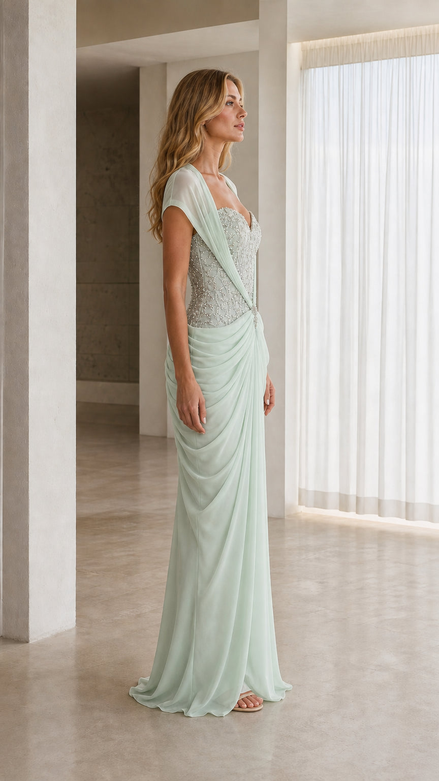 Side profile of model wearing mint green draped chiffon floor-length formal dress