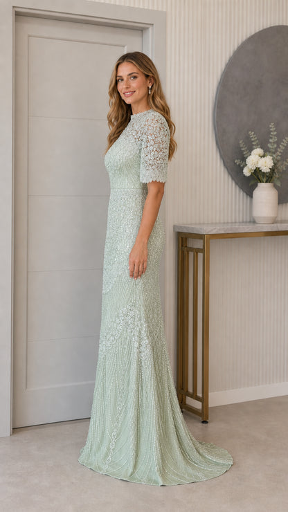 Side full-length view of sage green beaded formal maxi dress