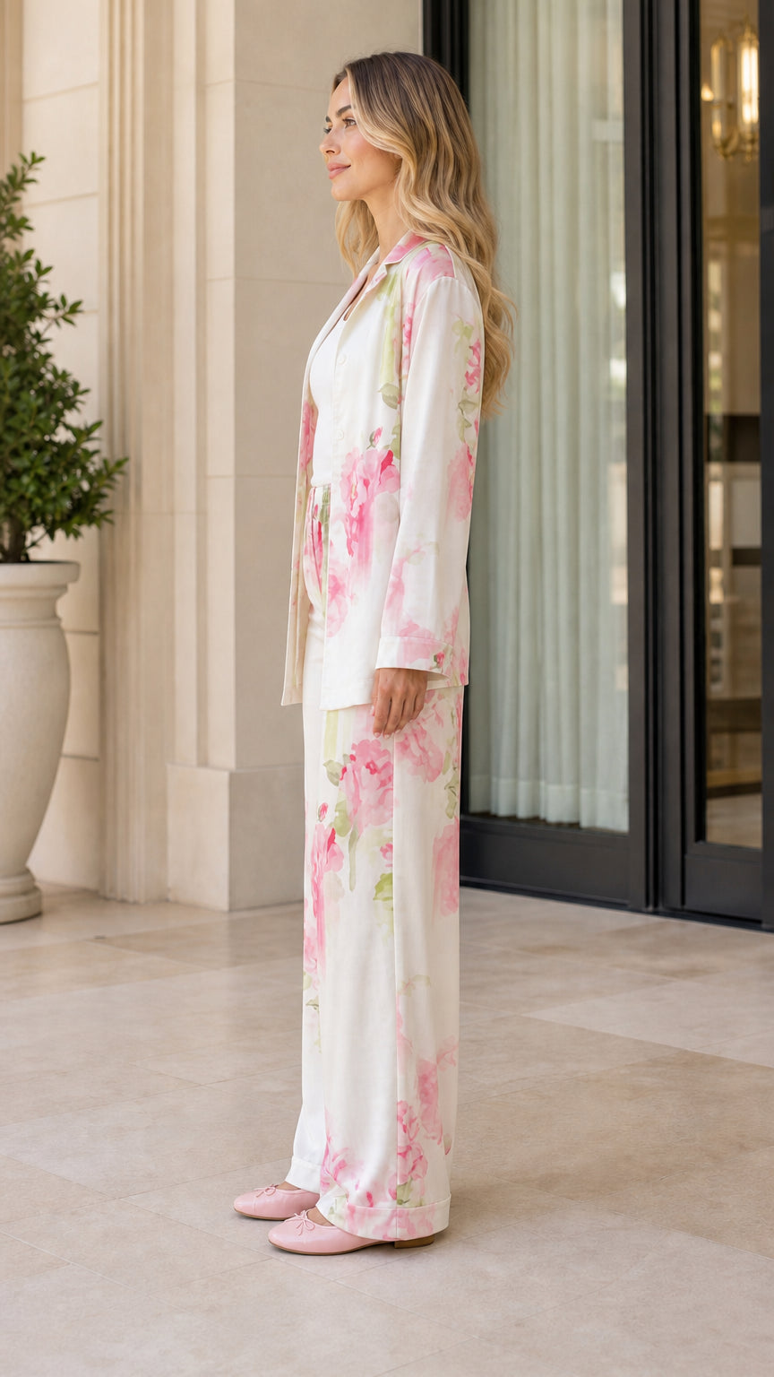 Side profile view of ivory floral print loungewear set with wide leg pants
