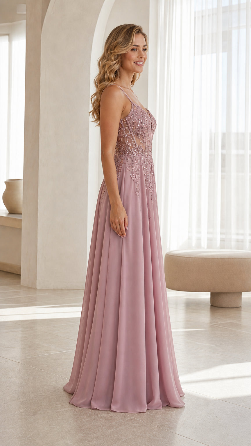 Side profile of mauve formal gown