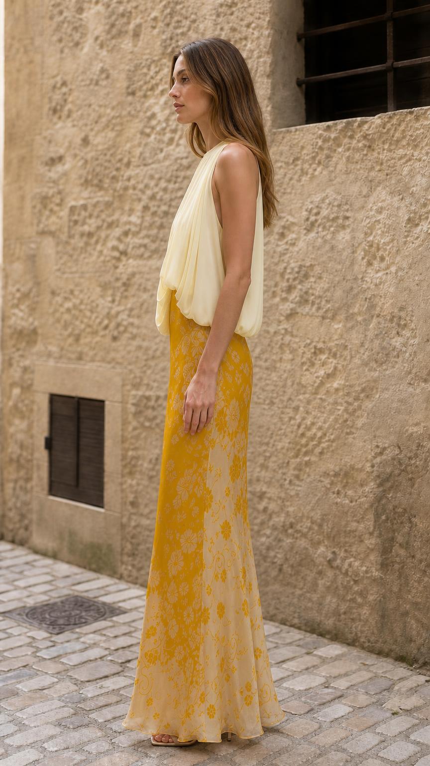 Side profile view of yellow maxi dress