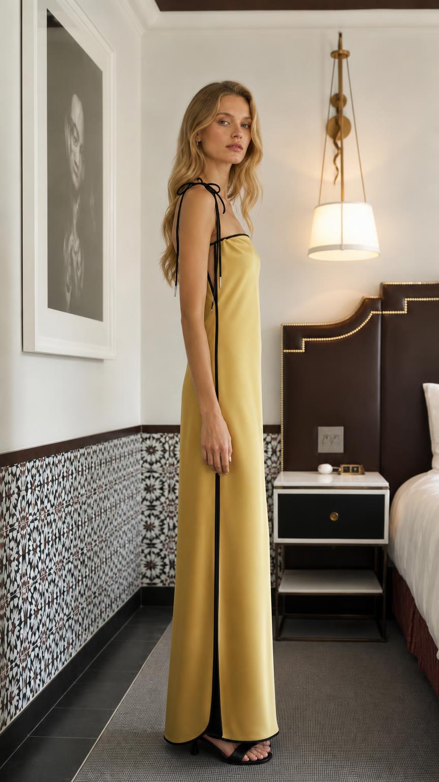 Side profile view of model in gold satin maxi slip dress