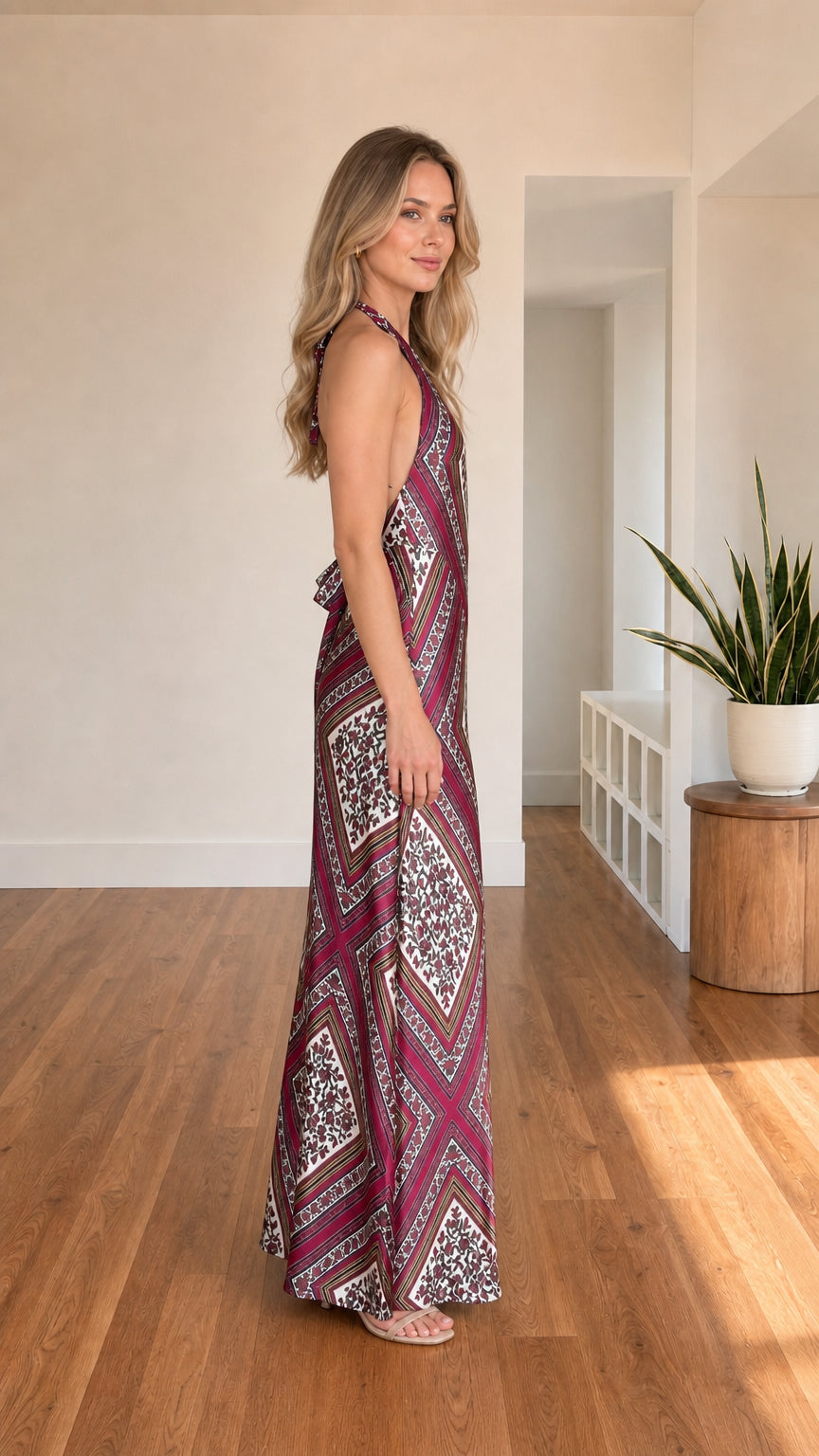 Side profile of Burgundy printed maxi dress