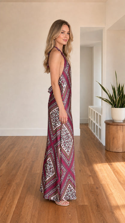 Side profile of Burgundy printed maxi dress