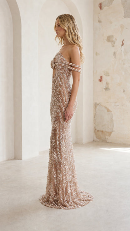 Champagne embellished formal maxi dress side view showing silhouette