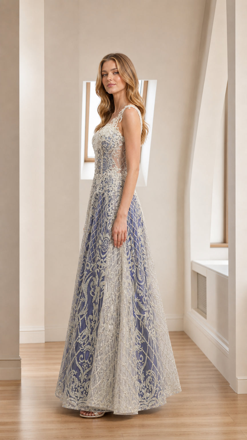 Side view of blue formal dress in indoor setting