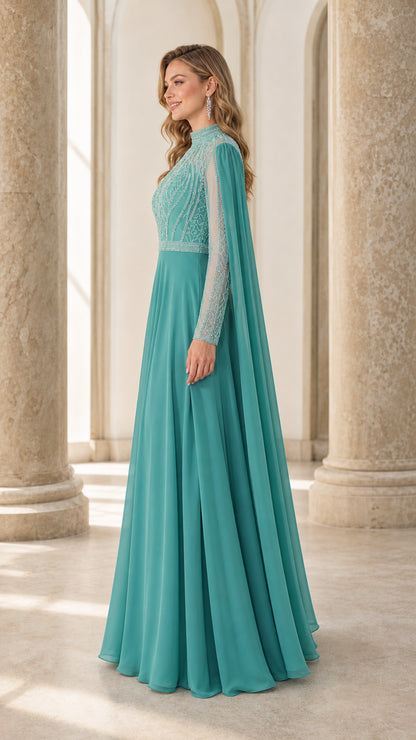 Side profile view of teal evening dress