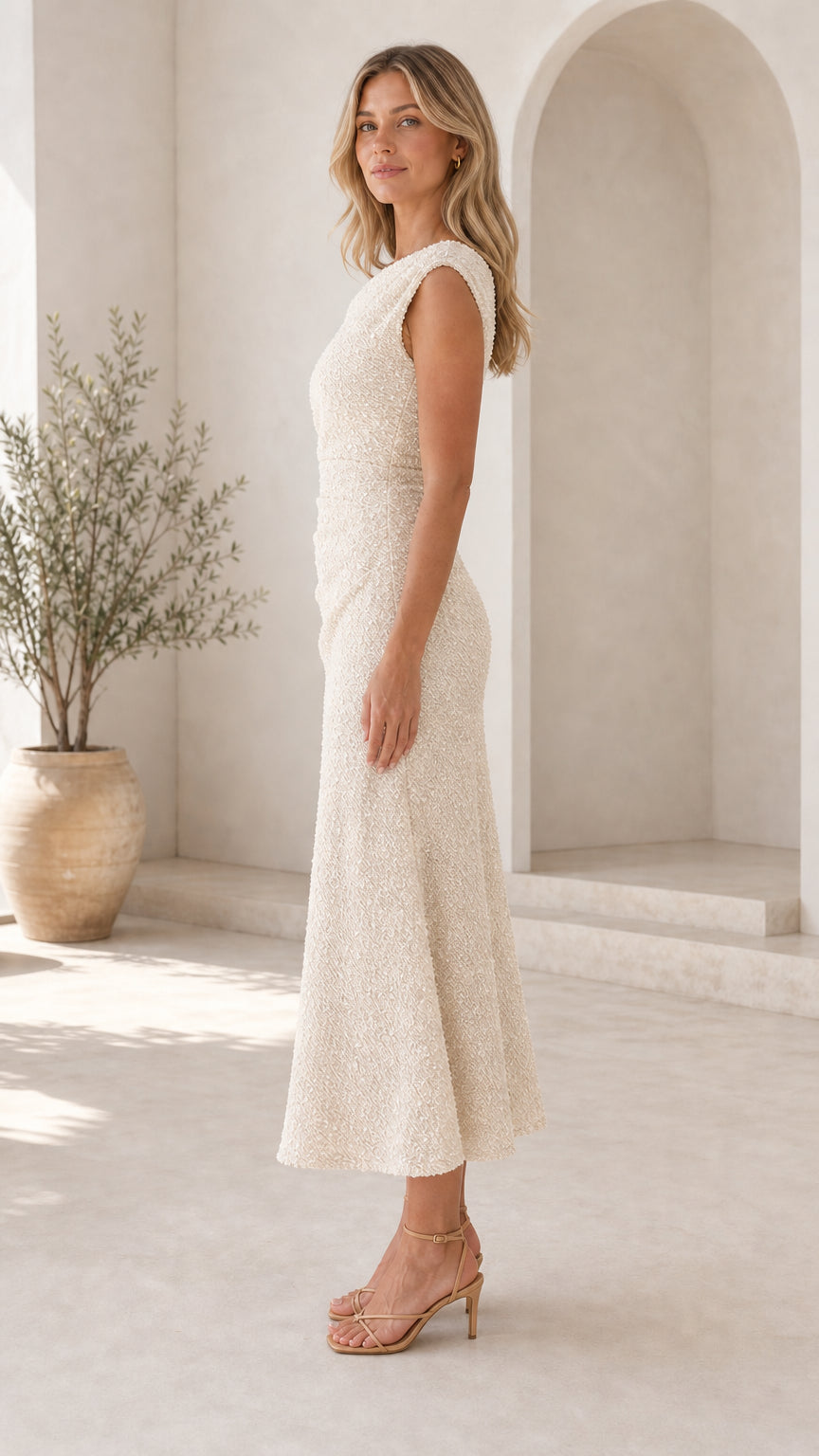 Side profile view of woman in cream midi dress