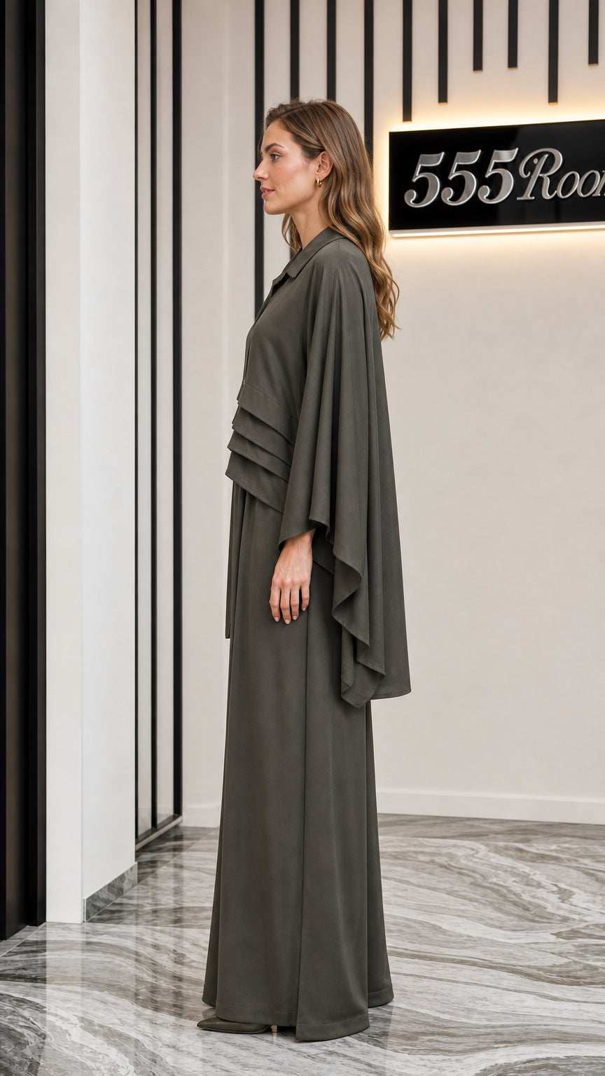 Side profile of model in olive two-piece set
