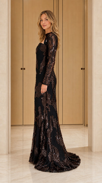 Side profile of black sequin formal gown