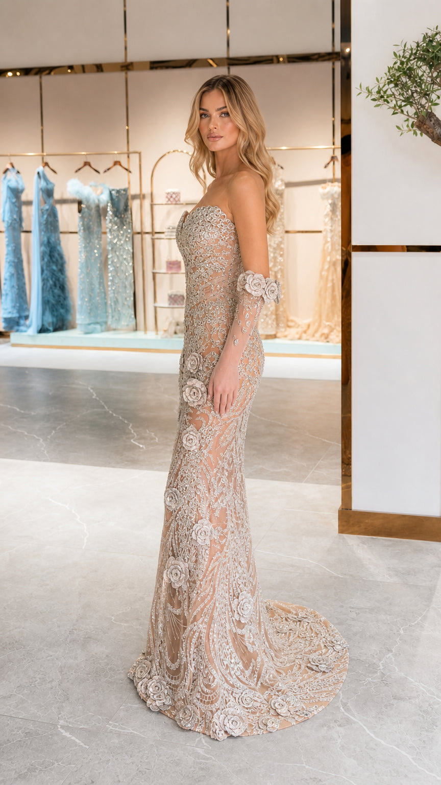 Side profile view of nude beaded mermaid gown