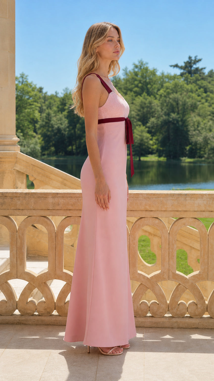 Elegance Contrast Bow Long Maxi Dress in Pink side profile