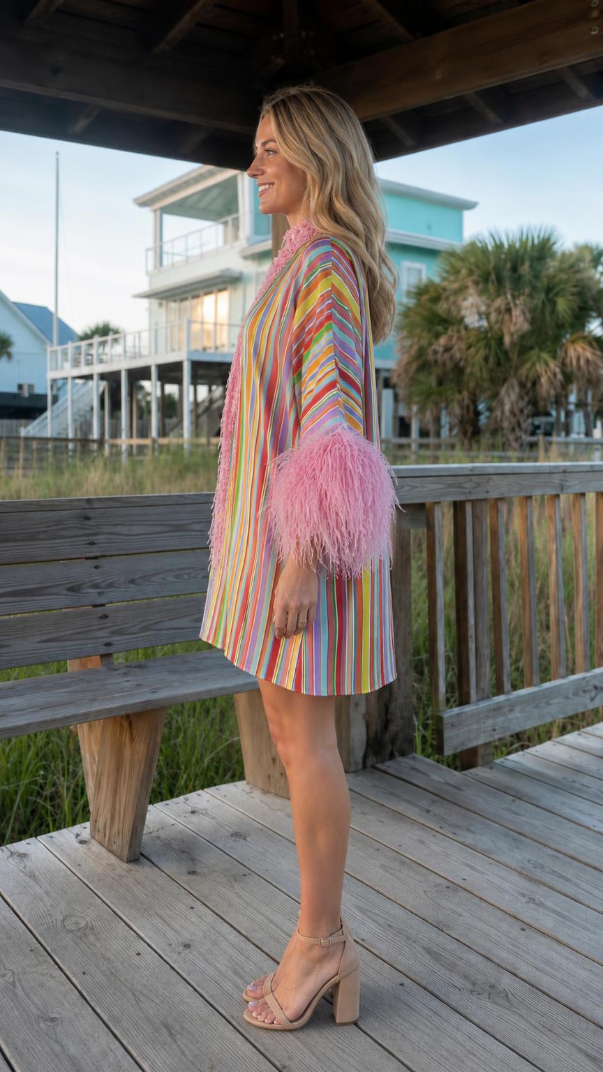 Side profile view of vibrant multi-color striped feather-trim dress
