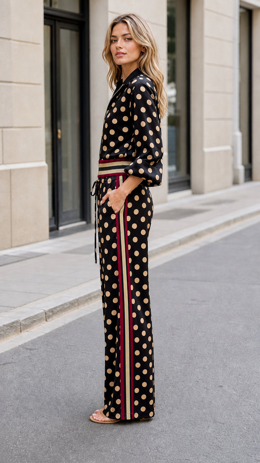 Side view of woman wearing black polka dot matching set showing striped side band detail