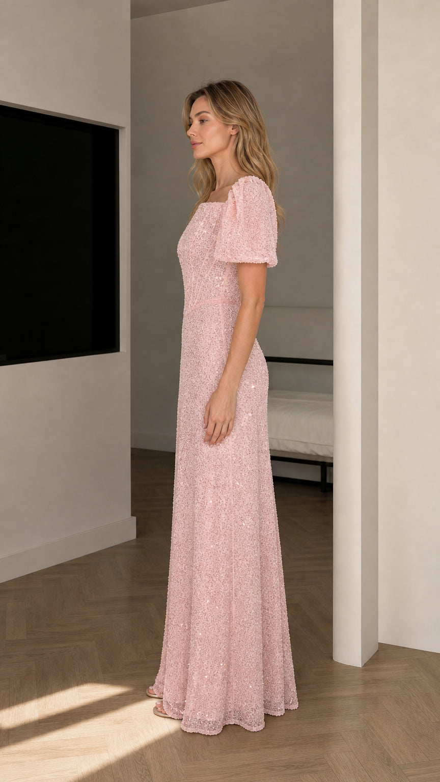 Side view of Blush Pink sequin formal evening gown