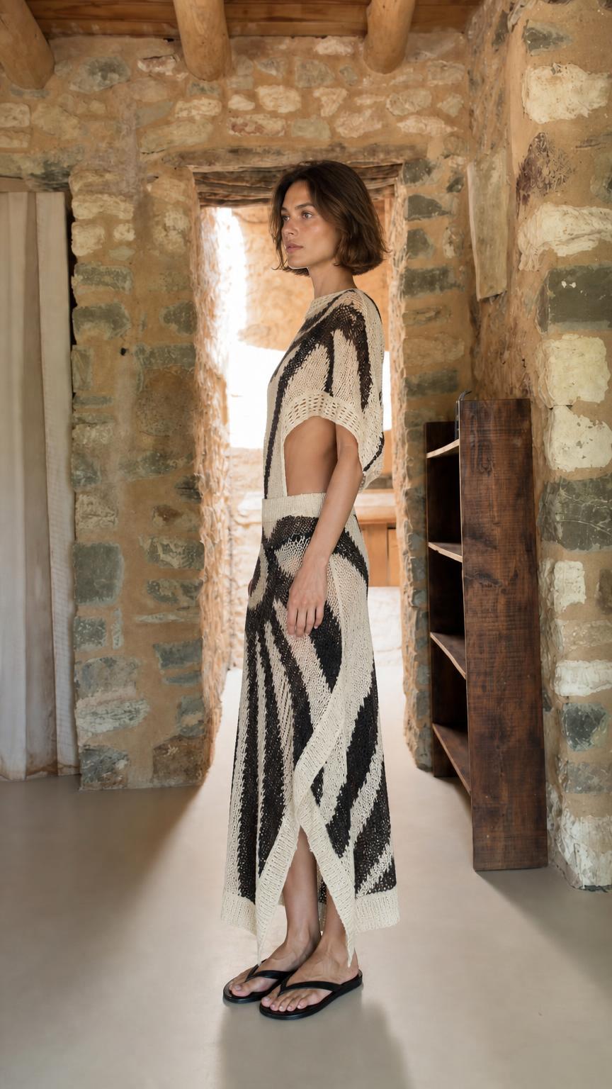 Side profile view of model in ivory knit maxi set